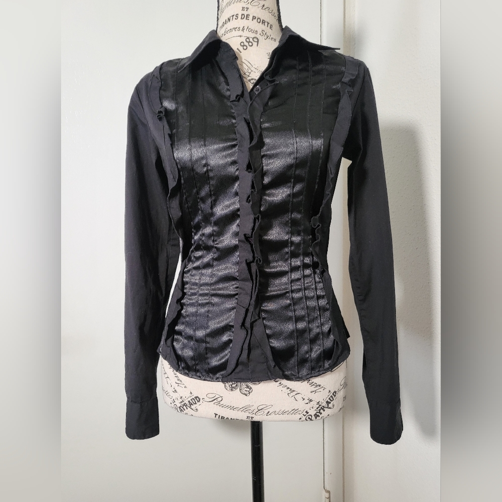 Tuxedo style black button-up shirt size small with ruffle detail in front.